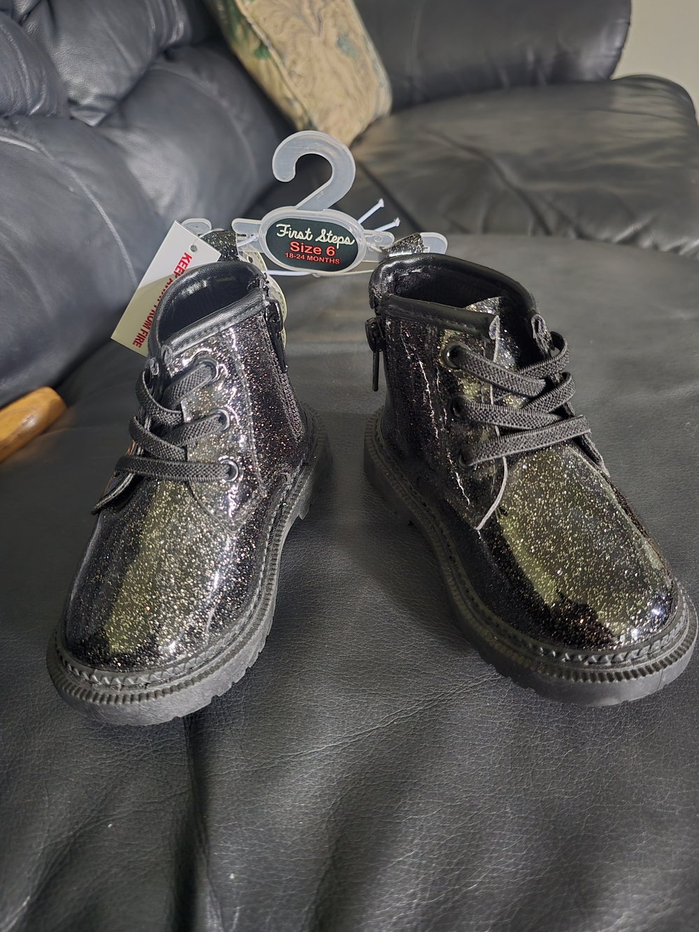 First Steps Kids' Black Glitter Lace-Up Boots